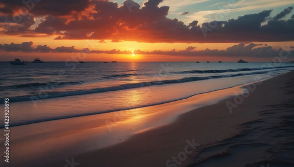 Obraz Scenic Tropical Beach Sunset with Colorful Clouds and Water