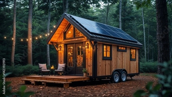 Fototapeta a rustic, wooden tiny house nestled in a dense forest setting. The house features a modern, eco-friendly design with solar panels installed on the roof, which is slightly sloped. 