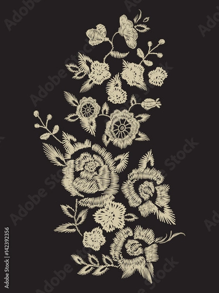 Fototapeta Embroidery plain ethnic neck line pattern with simplified flowers. Vector traditional folk floral design on black background for fashion wearing.
