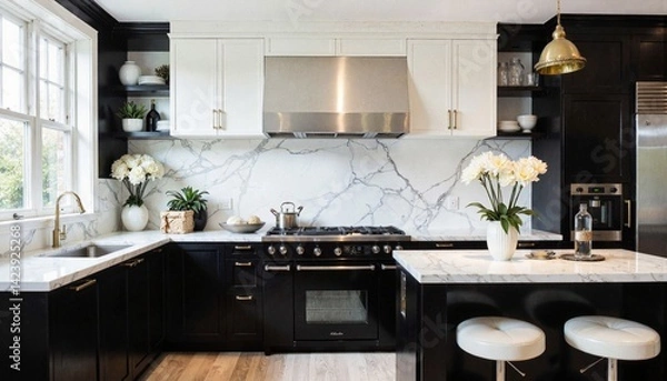 Fototapeta Modern Elegant Kitchen in Black and White with Marble and Brass Accents for
