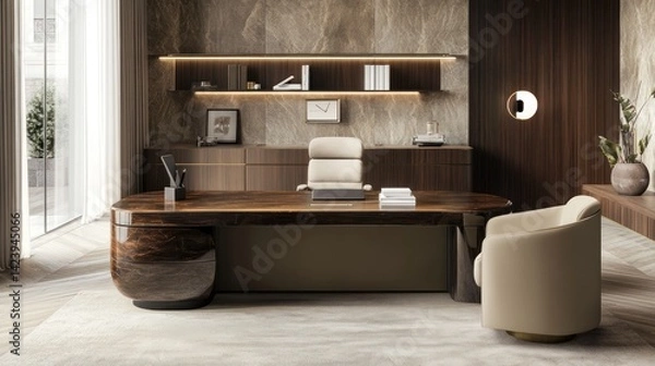 Fototapeta Luxury Modern Office Interior Design: Elegant Workspace with Wooden Desk and Beige Armchair