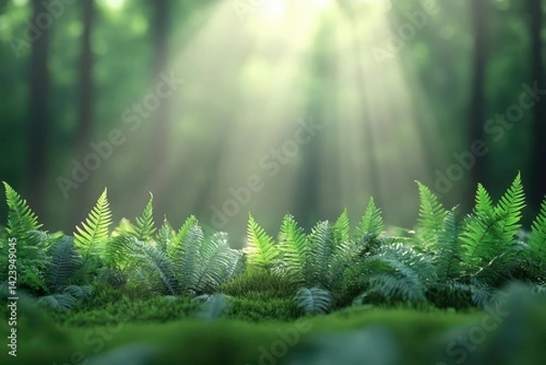Fototapeta Lush Green Forest Bathed in Gentle Sunlight with Vibrant Ferns Creating a Peaceful and Inviting Natural Scene Perfect for Tranquility and Reflection