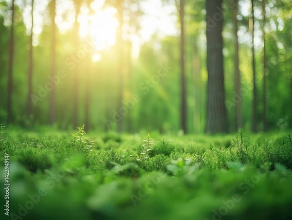 Fototapeta Lush Green Forest with Vibrant Grass and Tall Trees Creating a Tranquil and Inviting Natural Environment Perfect for Relaxation and Exploration