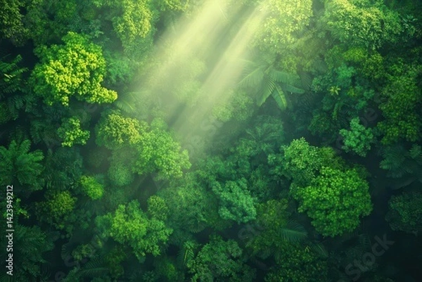 Fototapeta Sunlight Filtering Through Dense Green Canopy in Lush Forest Creating a Tranquil and Inviting Atmosphere for Nature Lovers and Adventurers Alike