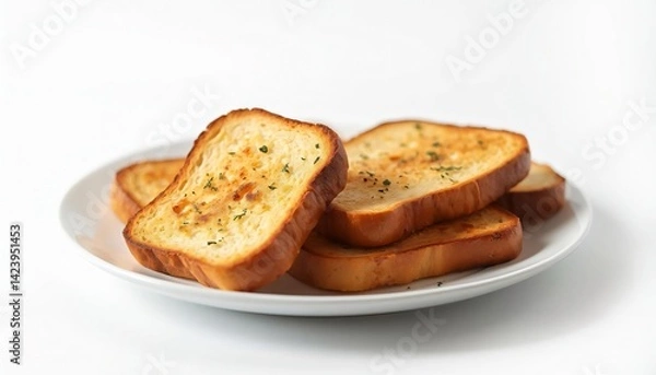 Fototapeta Freshly toasted bread slices arranged on a white plate, showcasing a golden-brown crust and herbs