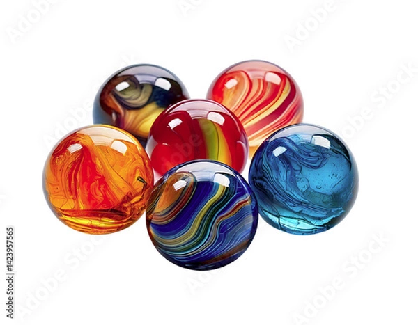 Fototapeta Vibrant glass marbles cluster together on a pristine white background.  Their swirling, multicolored designs create a captivating visual, perfect for themes of creativity, energy, and playfulness.