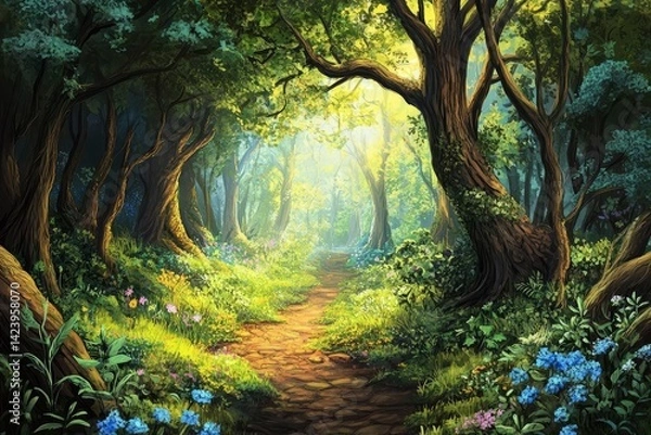 Obraz Enchanted forest with dead-end paths and exotic plants and light at the end of the tunnel