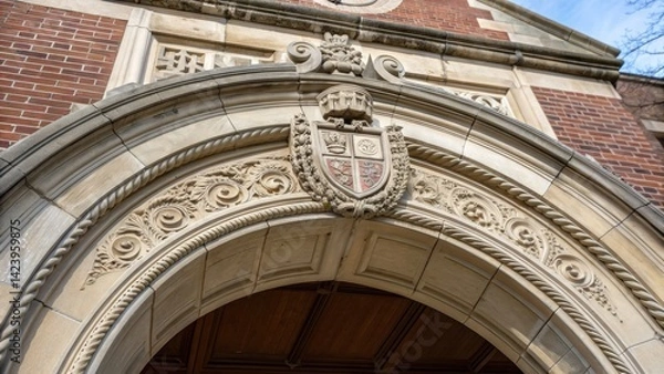 Fototapeta university campus architecture campus entrance educational design Concept. Ornate architectural archway with intricate detailing and a shield emblem.