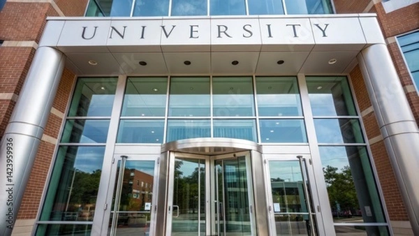Fototapeta university campus architecture campus entrance educational design Concept. Modern university entrance featuring glass and metal architecture.