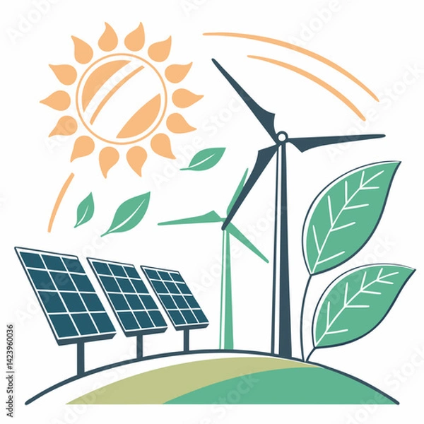 Fototapeta Sustainable Energy Graphic Design With Wind Turbines And Solar Panels Vector