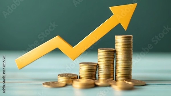 Fototapeta Downward Arrow and Stacked Coins Illustrating Money Value Depreciation and Inflation Trends