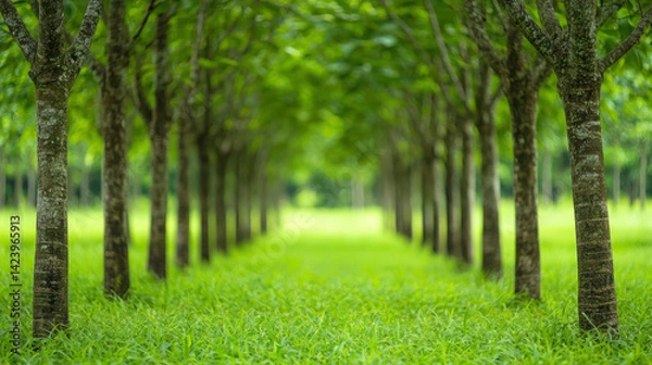 Fototapeta Serene Pathway Through Lush Green Trees in a Tranquil Outdoor Landscape Setting