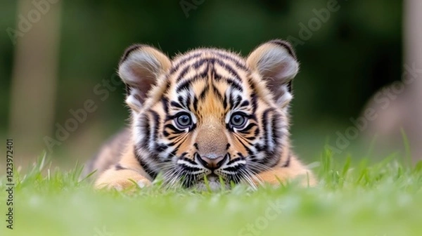 Fototapeta Adorable tiger cub, lying in grass, looking directly at camera