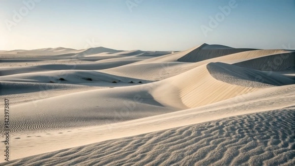 Fototapeta beach dunes coastal minimalism Concept. Expansive desert landscape with rolling dunes under a clear blue sky.