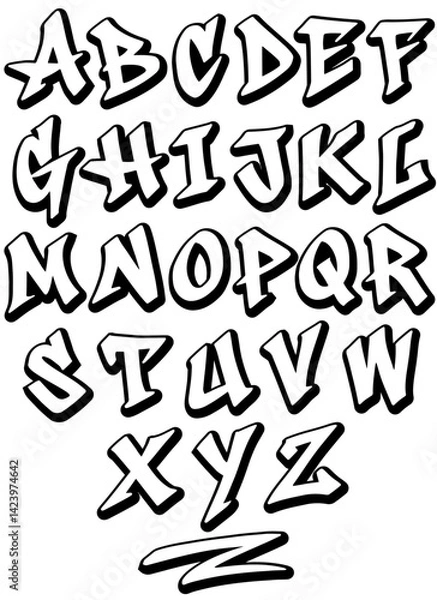Fototapeta Graffiti letters set, vector hand drawn graffiti alphabet font A to Z, white letters with black outline and black shadow, including underline element