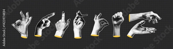Obraz Set of hands with halftone effect. Female collage hands with different gesture. Collage halftone elements for banner, poster and social media. Vector.