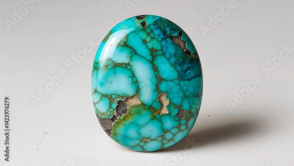 Obraz Oval turquoise stone cabochon with unique matrix pattern for jewelry making