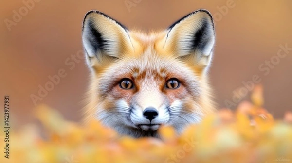 Fototapeta Close-up of a red fox peeking through autumn leaves