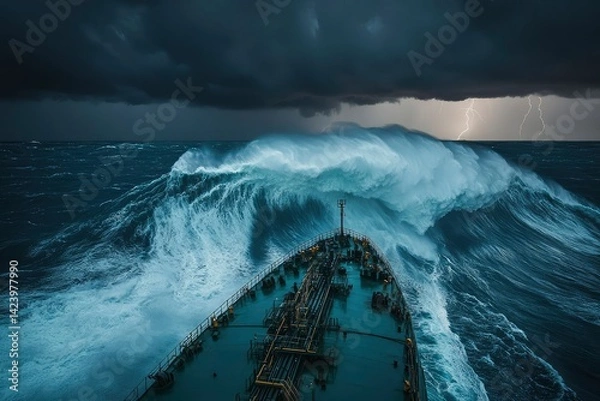 Obraz An oil tanker struggles with rough seas during a severe storm. The ship's crew works in harsh conditions