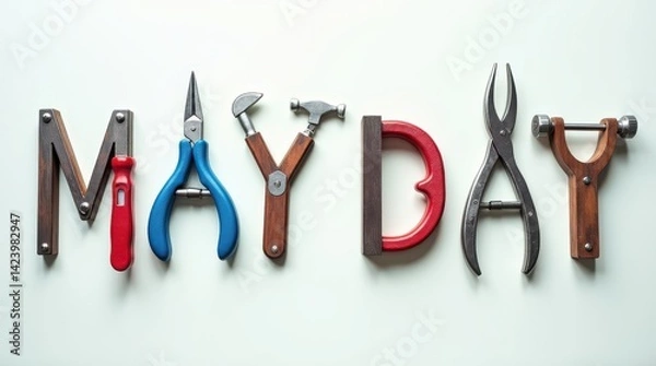 Fototapeta May day tools display creative workspace typography art minimalist setting close-up view crafting inspiration