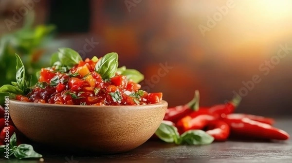 Fototapeta This image showcases a colorful bowl of salsa made with fresh vegetables and herbs, capturing the essence of healthy eating and vibrant cuisine in an artistic presentation.