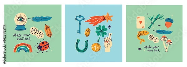 Fototapeta Set of traditional and Asian symbols of good luck. Vector illustrations of elements that bring wealth and prosperity. Collection of flat elements on isolated background.