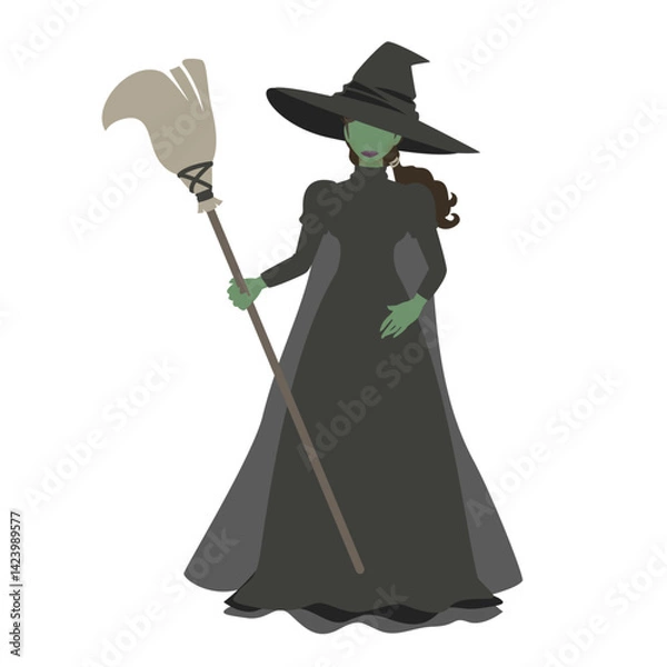 Fototapeta 三角帽子を被り、箒を持った緑の肌の悪い魔女。オズの魔法使いのイメージから。