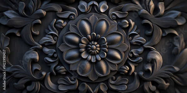 Fototapeta Dark Ornamental Floral Pattern with Bronze Embossed Texture

