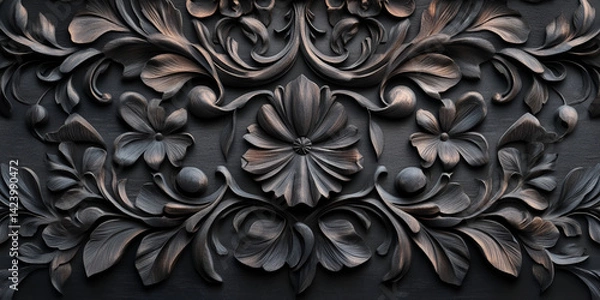 Fototapeta Dark Ornamental Floral Pattern with Bronze Embossed Texture

