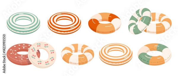 Obraz Set of colorful inflatable swim rings in flat style. Summer pool floats with stripes, patterns, fun designs for beach, vacation, and water activities. Vector illustration on white background.