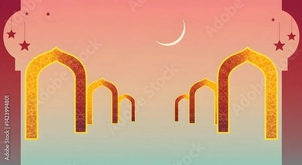 Fototapeta Arches and Crescent Moon with Star Ornaments in Gradient Sky
