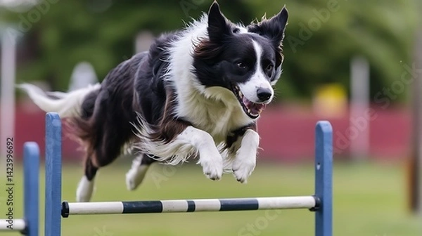 Fototapeta Border Collie mid action, jumping over an agility hurdle,