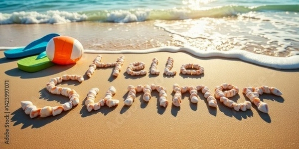 Fototapeta Hello summer message on sandy beach with flip-flops and ball by ocean waves