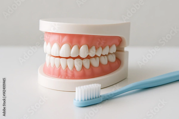 Fototapeta 歯の模型と歯ブラシを使った清潔感あるイメージ素材