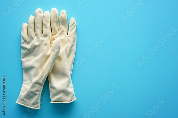 Fototapeta A pair of clean work gloves on a blue background, symbolizing labor, protection, and hard work for May Day, with a focus on safety and hands-on work.