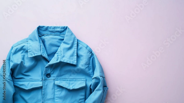 Fototapeta A close-up of a blue work jacket on a light purple background, representing labor, workwear, and professionalism for May Day celebrations.