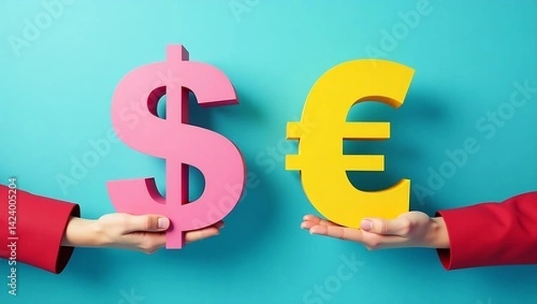 Fototapeta Conceptual image of hands holding pink dollar and yellow euro symbols against a textured blue background. A vibrant representation of currency exchange and financial themes.