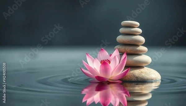 Fototapeta Tranquil Lotus Flower with Stones and Rippling Water Reflection