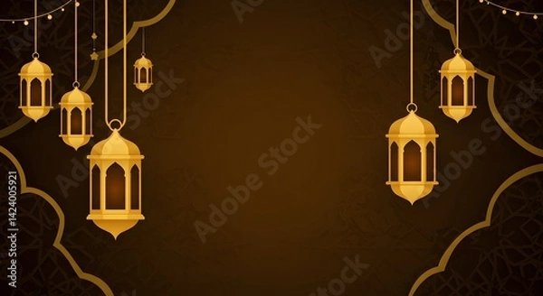 Fototapeta Hanging Lanterns with Decorative Frame on Brown Background