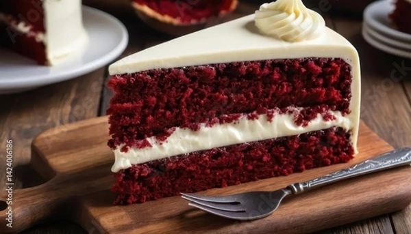 Fototapeta Delicious Red Velvet Cake Slice with Cream Cheese Frosting