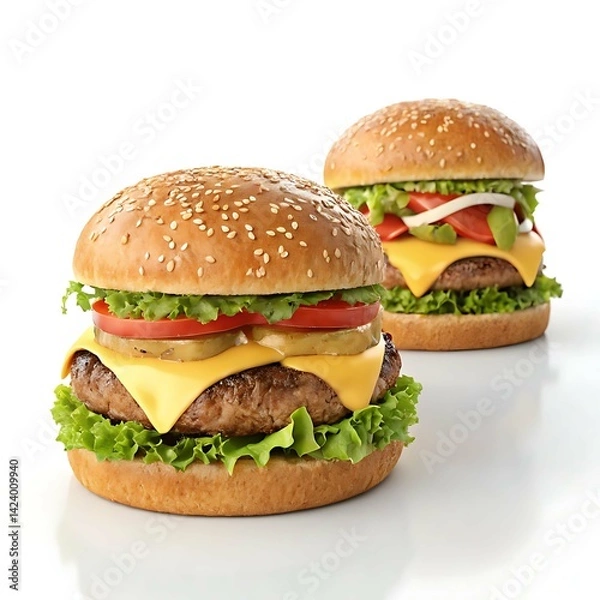 Fototapeta Two cheeseburgers with lettuce, tomato and cheese on a white background close up