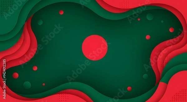 Obraz Abstract Layered Shapes in Green and Red with Red Circles
