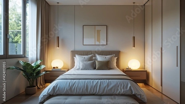 Fototapeta Soft lighting and simple clean surfaces make this bedroom inviting