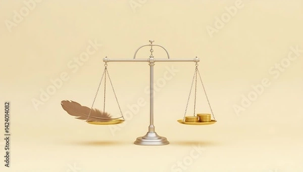 Fototapeta A minimalist photo of a balance scale with a feather on one pan and gold coins on the other, symbolizing contrast between lightness and value against a beige background.