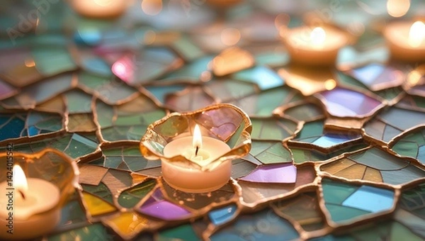 Fototapeta Double exposure effect of candlelight glow overlaying mosaic textures, expressing calm and spiritual ambiance, close-up view of stained glass fragments with soft light bloom