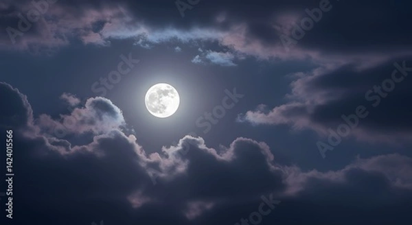 Fototapeta Glowing Full Moon Shining Through Dark Cloudy Night Sky