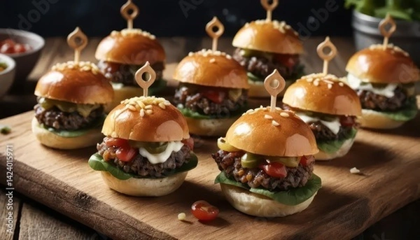 Fototapeta Delicious Mini Burgers on Wood Board with Fresh Ingredients and Toppings