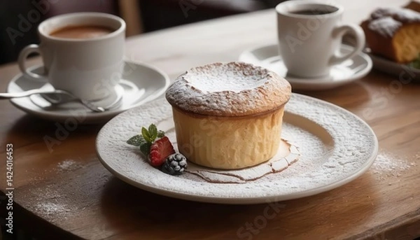 Obraz Delicious vanilla soufflé dessert with coffee on wooden table