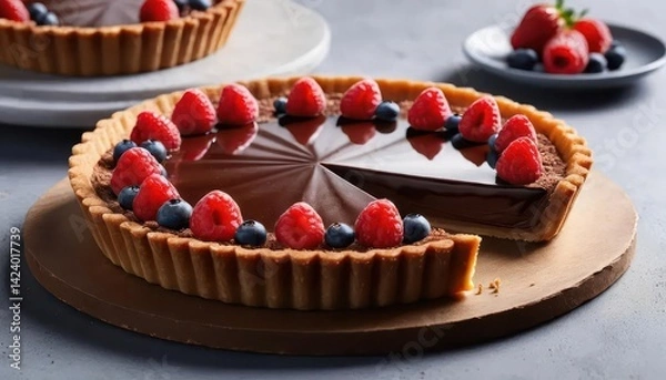 Fototapeta Delicious chocolate tart with fresh berries on a gray table