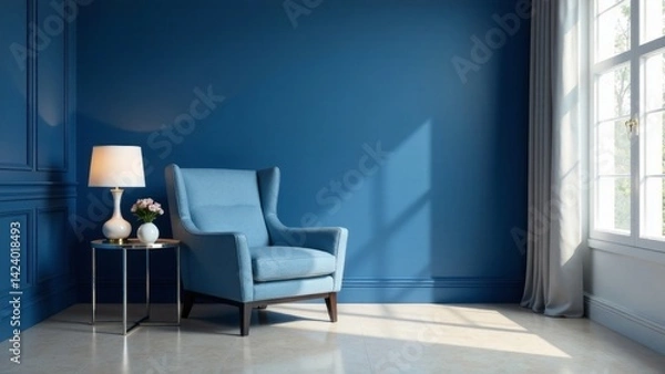 Fototapeta Serene Blue Room Interior Featuring Comfortable Wingback Chair and Side Table with Lamp